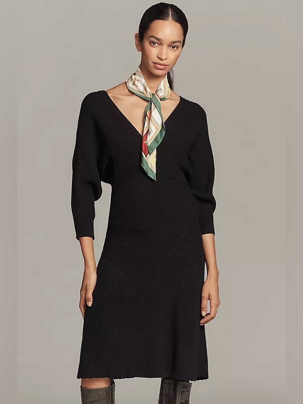 Anthropologie Minimalist Waisted V neck Black Ribbed Sweater Dress M NWT Fall